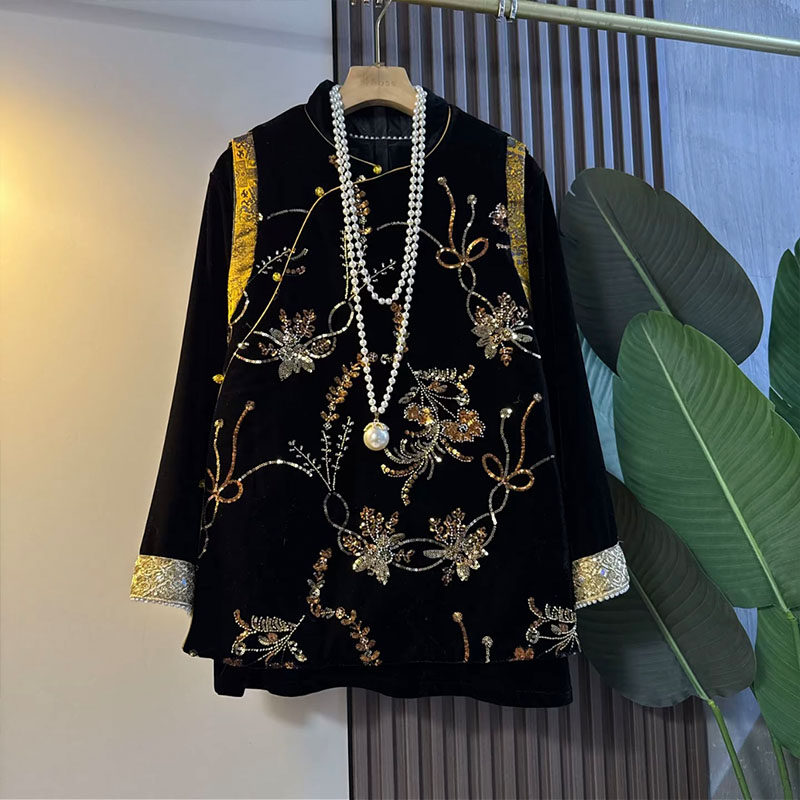 新中式大码女装2025冬季新款国风亮片刺绣花朵马甲小衫显瘦两件套,淘宝优惠券,粉丝福利购,淘宝优惠卷