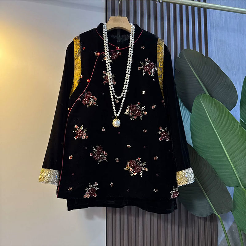 新中式大码女装2025冬季新款国风亮片刺绣花朵马甲小衫显瘦两件套,淘宝优惠券,粉丝福利购,淘宝优惠卷