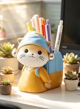 珍珠猫卡通桌面收纳笔筒摆件