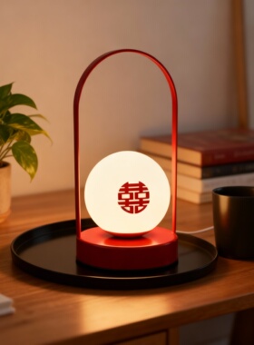 新中式铁艺发光字床头台灯摆件