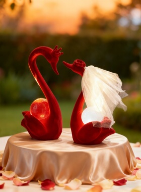 红色天鹅情侣发光树脂摆件礼盒