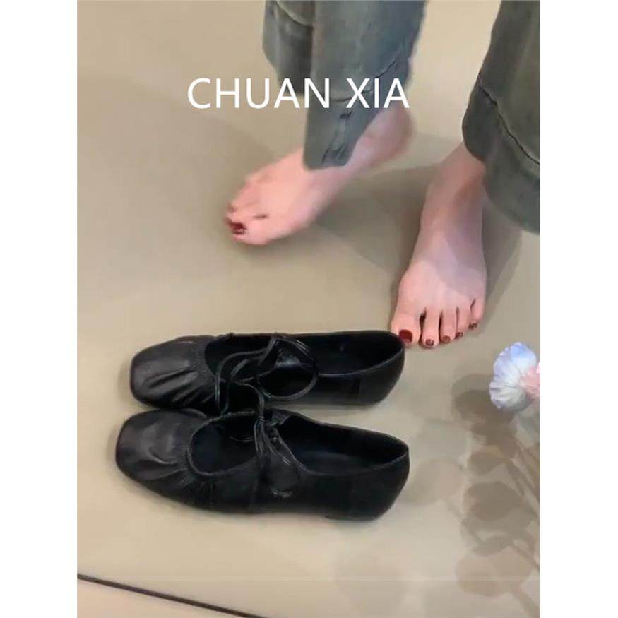羊皮版！芭蕾风方头玛丽珍鞋女真皮褶皱软底瓢鞋法式复古平底单鞋,淘宝优惠券,粉丝福利购,淘宝优惠卷