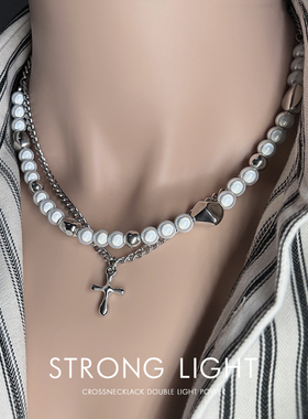 反光双层十字架叠戴项链