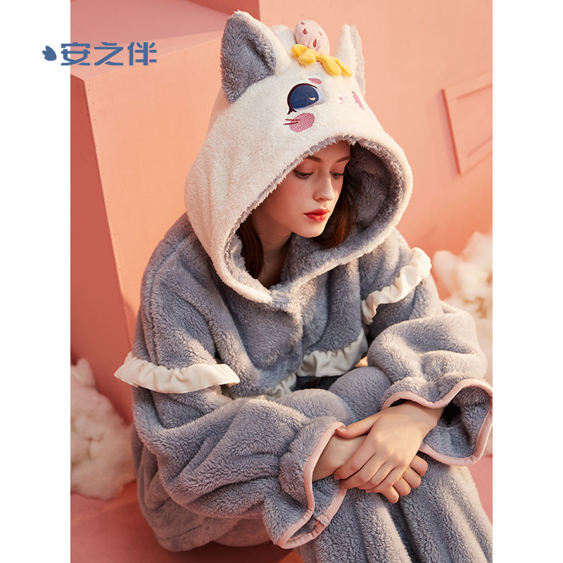安之伴秋冬季珊瑚绒甜美卡通睡衣 安之伴玖伴睡衣/家居服套装