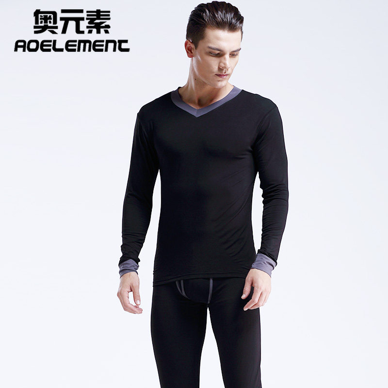 奥元素男士薄款莫代尔V领基础修身打底青年秋衣秋裤保暖内衣套装