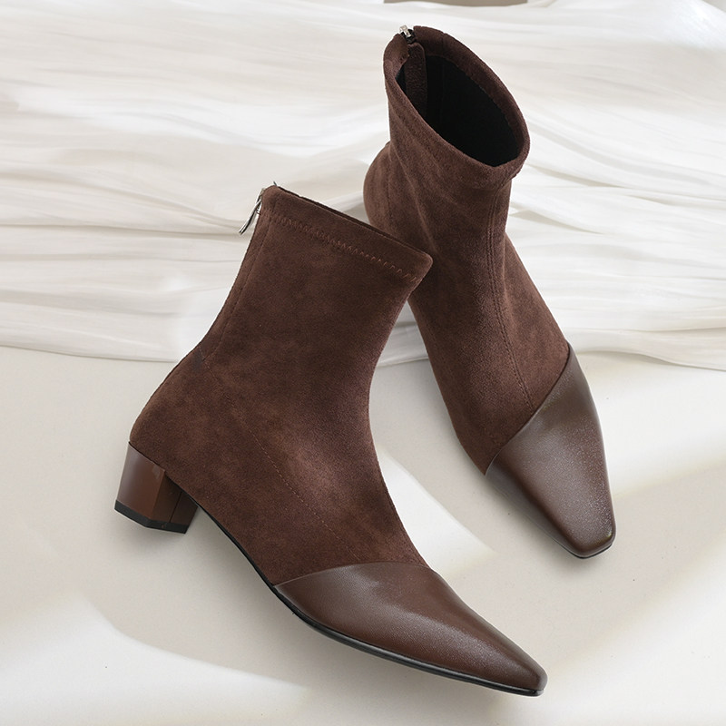 步享羊皮拼接绒面弹力靴短靴女法式方头小粗跟中跟真皮百搭瘦瘦靴,淘宝优惠券,粉丝福利购,淘宝优惠卷