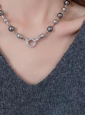 独特气质款黑灰色环环相扣珍珠毛衣链小众设计个性洋气项链配饰潮
