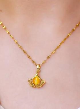 温柔显气质日常百搭通勤不掉色吊坠时尚高级咖色猫眼石银杏叶项链