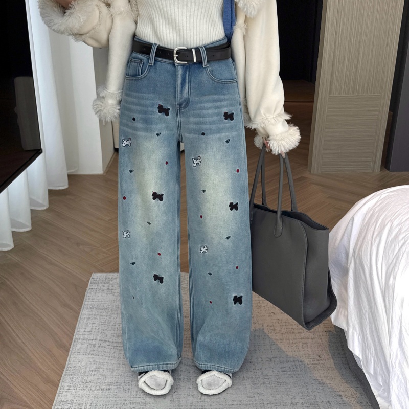 冬季欧货高端直筒阔腿裤2025加绒刺绣高腰显瘦直筒拖地裤 - 图0