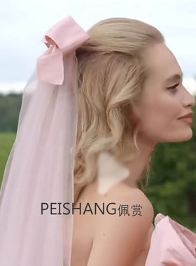 浅粉色丝带蝴蝶短款双层婚纱礼服小头纱领证登记结婚新娘头纱头饰