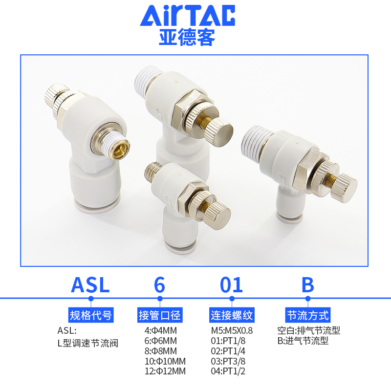 亚德客气管接头气缸单向节流阀PSL/ASL4 6 8 12-M3M5 01 02 03 04