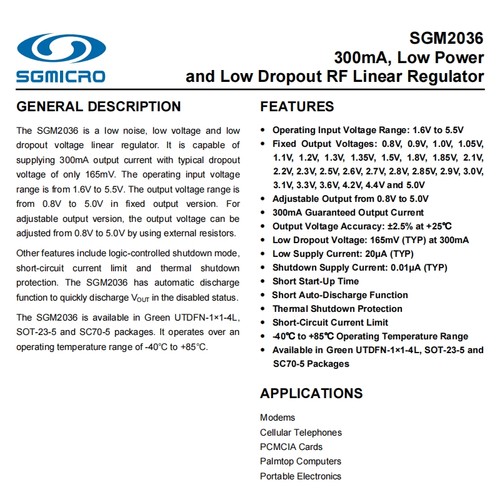 SGM2036-ADJYN5G/TR SOT23-5贴片丝印SQ7xx 线性稳压器圣邦微原装 - 图1