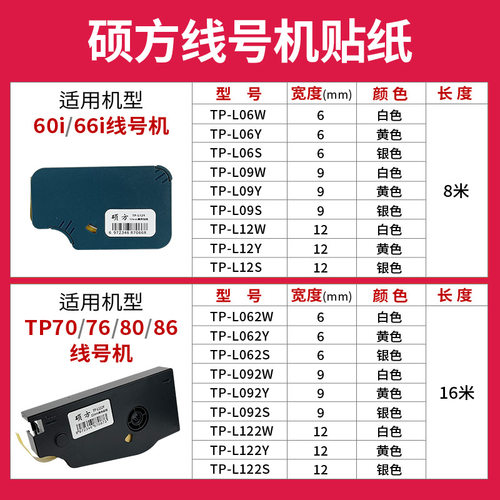 原装硕方线号机TP60/TP70/TP80贴纸6/9/12mm白黄色不干胶防水防油标签纸标识打印机贴纸芯 - 图3