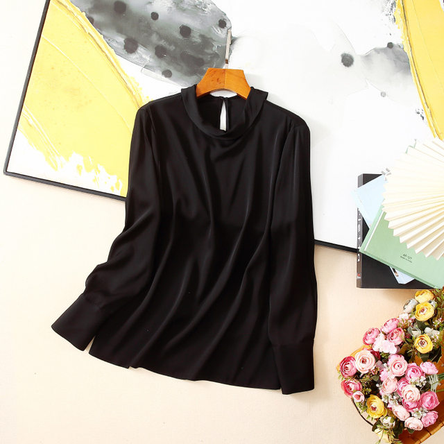 Early Spring and Summer Back Bow Heavy Solid Color 100% Silk Long Sleeve S Top Women's Half Turtle Collar Slim Fit Shirt