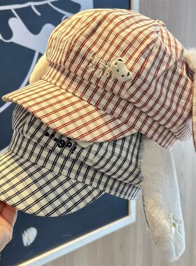 格子兔耳朵八角帽子女夏季显脸小