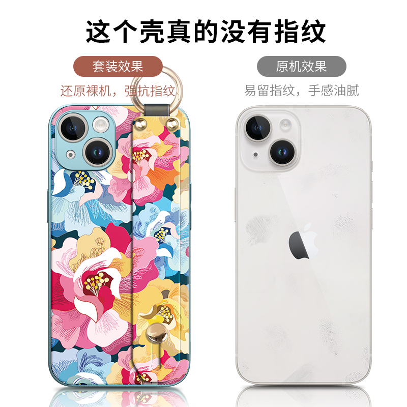 苹果iphone15promax手机壳女14plus高级感ip13pm全包镜头腕带支架斜挎挂绳可背12花朵超薄硅胶散热防摔保护套 - 图3