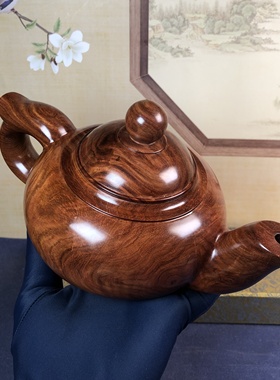 海南黄花梨黄金底老糠满水波纹茶壶把把壶水壶海黄红木质收藏摆件