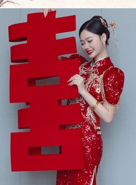 出租新中式旗袍敬酒服2024新款小个子新娘结婚回门服酒红色订婚女