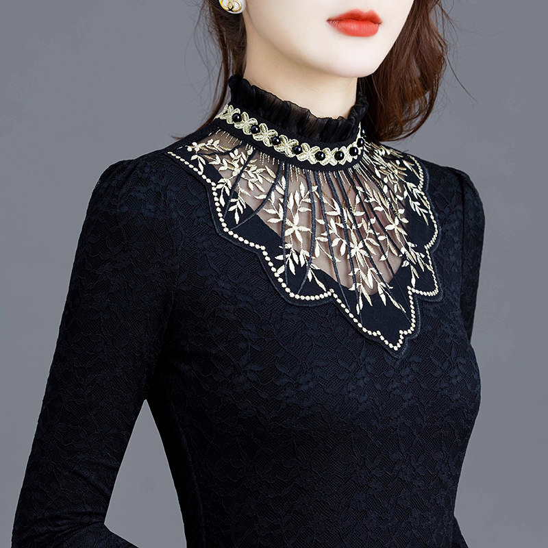 高领蕾丝2021年秋冬新款镂空潮小衫 索茜丽蕾丝衫/雪纺衫