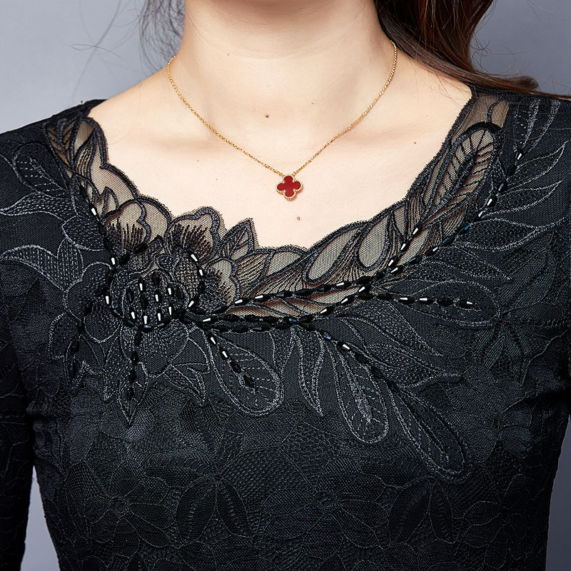 2021秋冬新款黑色蕾丝加绒小衫 索茜丽蕾丝衫/雪纺衫