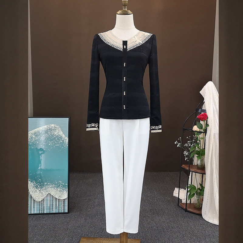 气质小衫2021秋冬新款v领长袖t恤 索茜丽蕾丝衫/雪纺衫