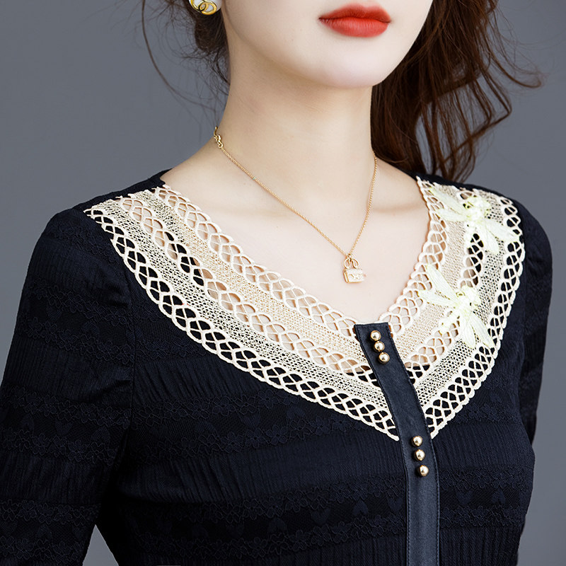 气质小衫2021秋冬新款v领长袖t恤 索茜丽蕾丝衫/雪纺衫
