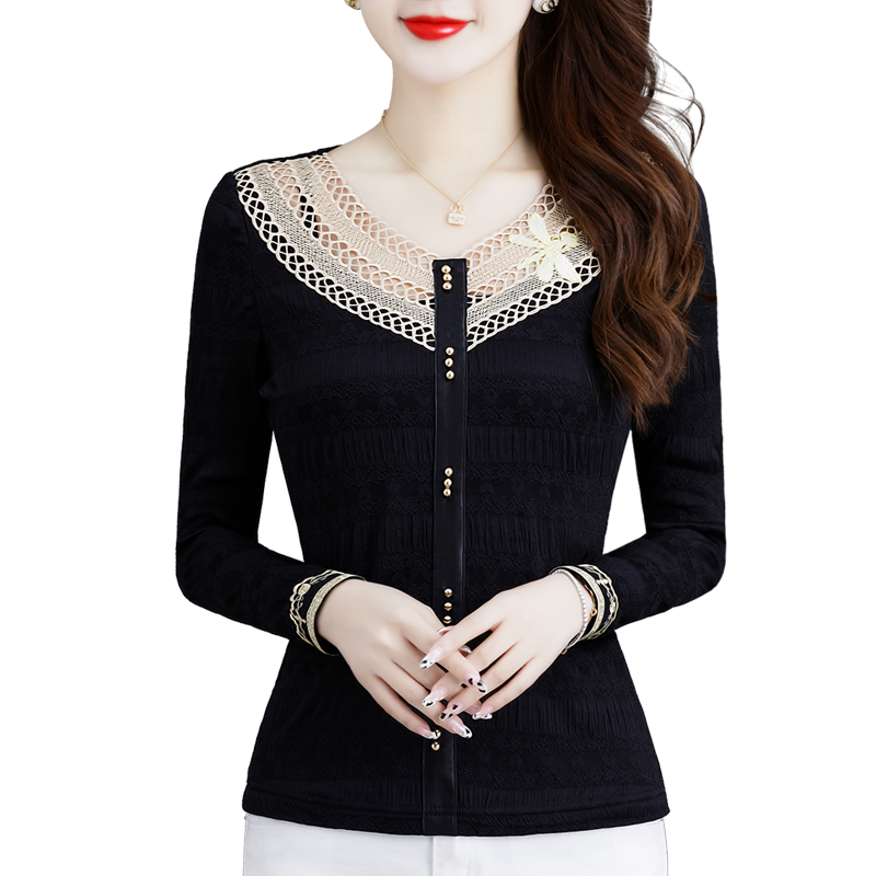 气质小衫2021秋冬新款v领长袖t恤 索茜丽蕾丝衫/雪纺衫