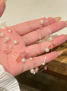 粉色碎石甜美珍珠项链锁骨链女