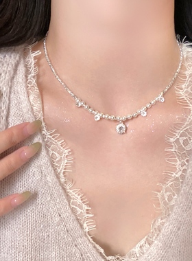 碎银子珍珠锆石精致吊坠项链