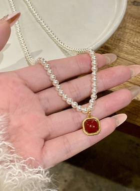 红色珍珠项链锁骨链轻奢高级感