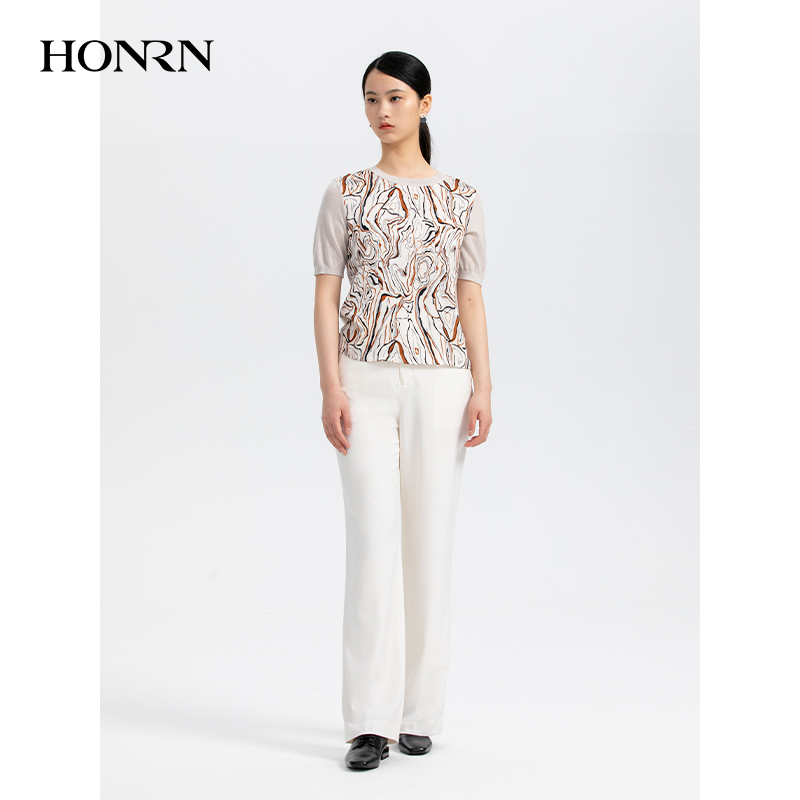 HONRN/红人短袖圆领套头印花羊毛针织衫上衣春秋款女HH33OM693 - 图1