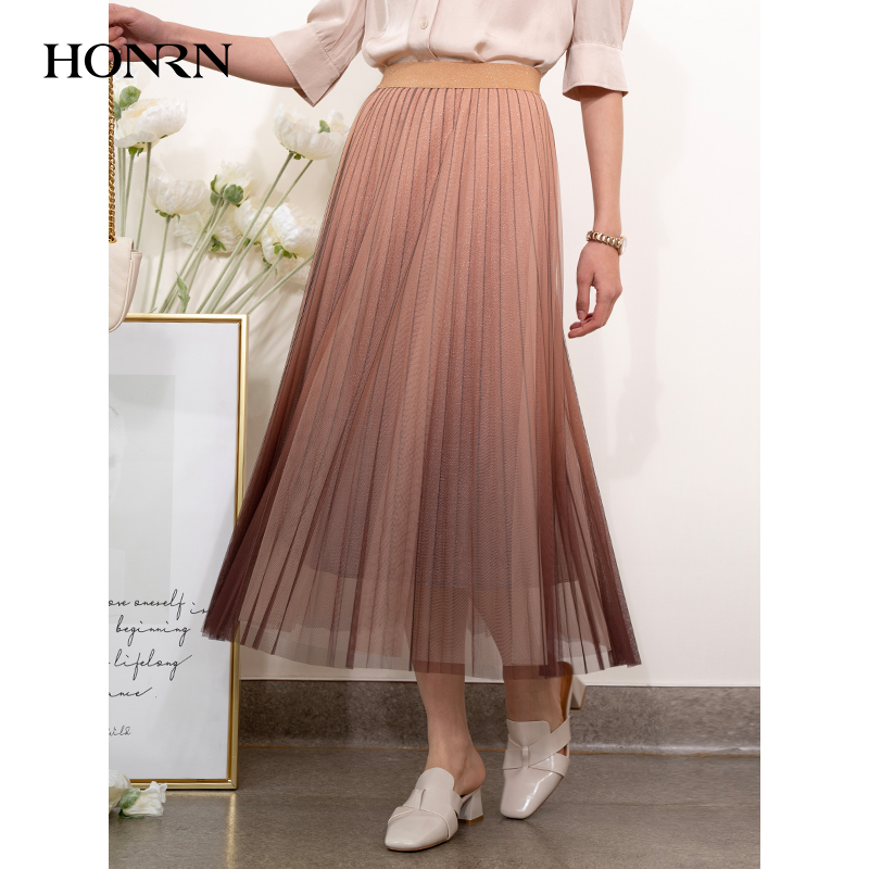 HONRN/红人宽松显瘦裙子松紧腰a字百褶裙半身裙长款女夏HI22OQ284 - 图0