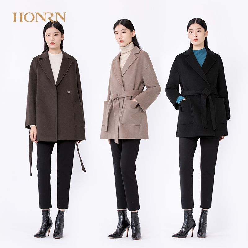 HONRN/红人复古羊毛呢子大衣气质女神范秋冬中长款系带收腰外套