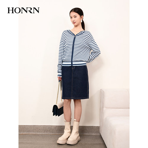 HONRN/红人蓝色条纹撞色连帽针织衫开衫外套上衣女春秋HI11OM524 - 图0
