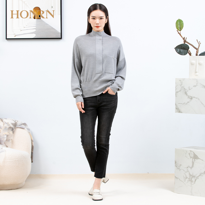 HONRN/红人早春休闲黑色裤子直筒修身九分棉质小脚牛仔裤女春秋款