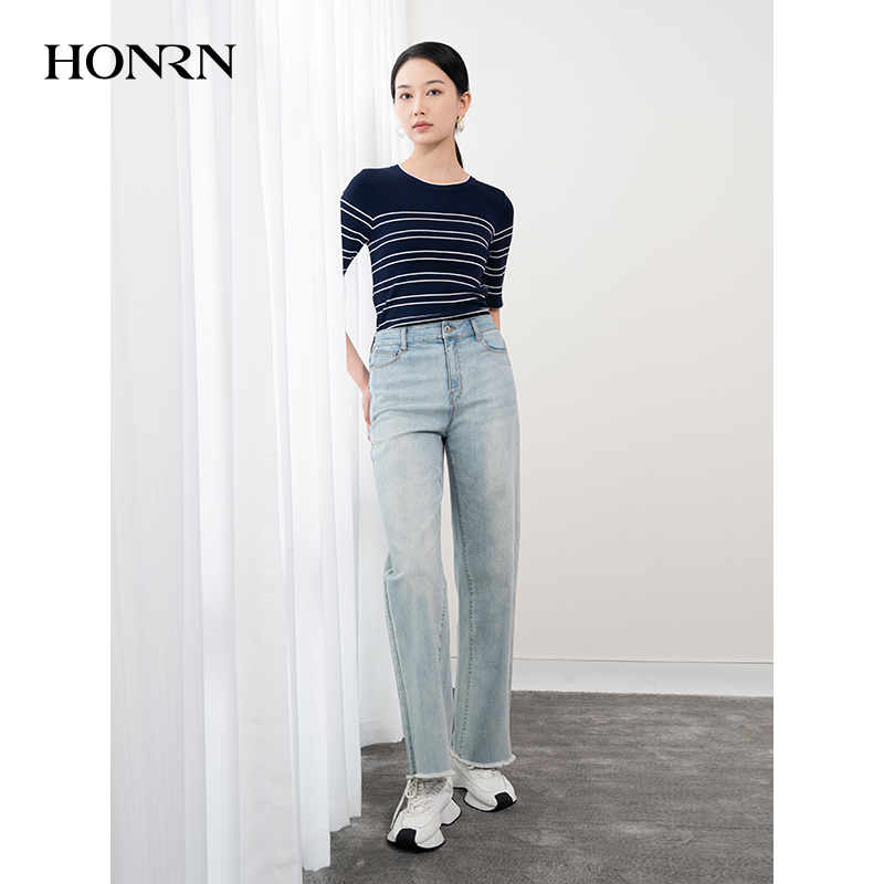 HONRN/红人浅蓝色长裤子宽松显瘦垂感直筒牛仔裤女春秋HH11OK821 - 图1