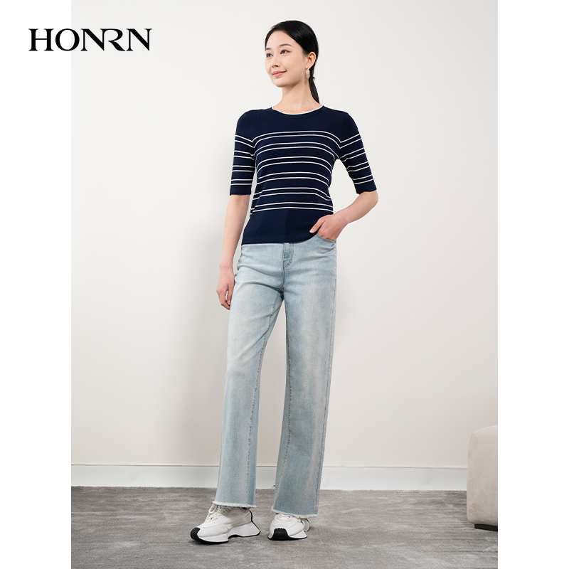 HONRN/红人浅蓝色长裤子宽松显瘦垂感直筒牛仔裤女春秋HH11OK821 - 图2