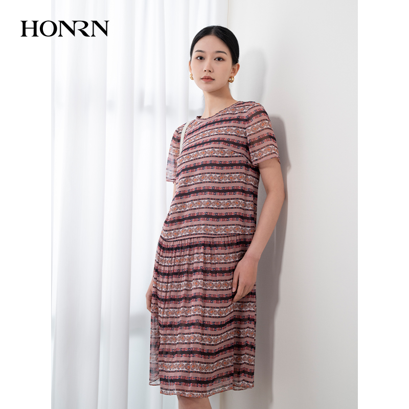 HONRN/红人圆领小众设计感宽松遮肚子显瘦连衣裙女夏季HH22OL774 - 图0