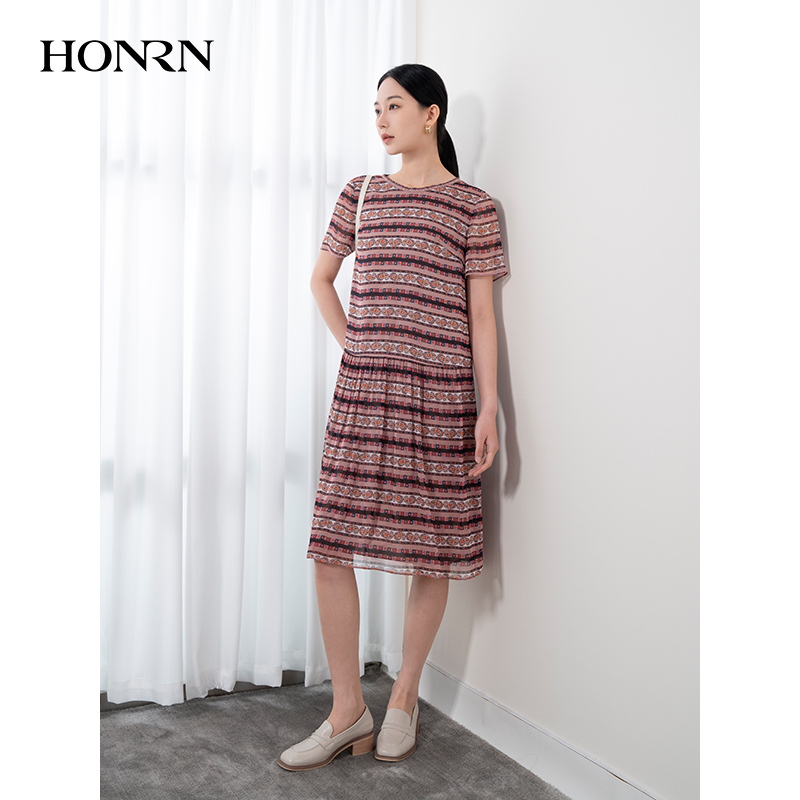 HONRN/红人圆领小众设计感宽松遮肚子显瘦连衣裙女夏季HH22OL774 - 图1