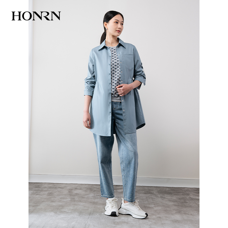 HONRN/红人单排扣衬衫领收腰显瘦中长款风衣外套女春秋HH11OF791-图1