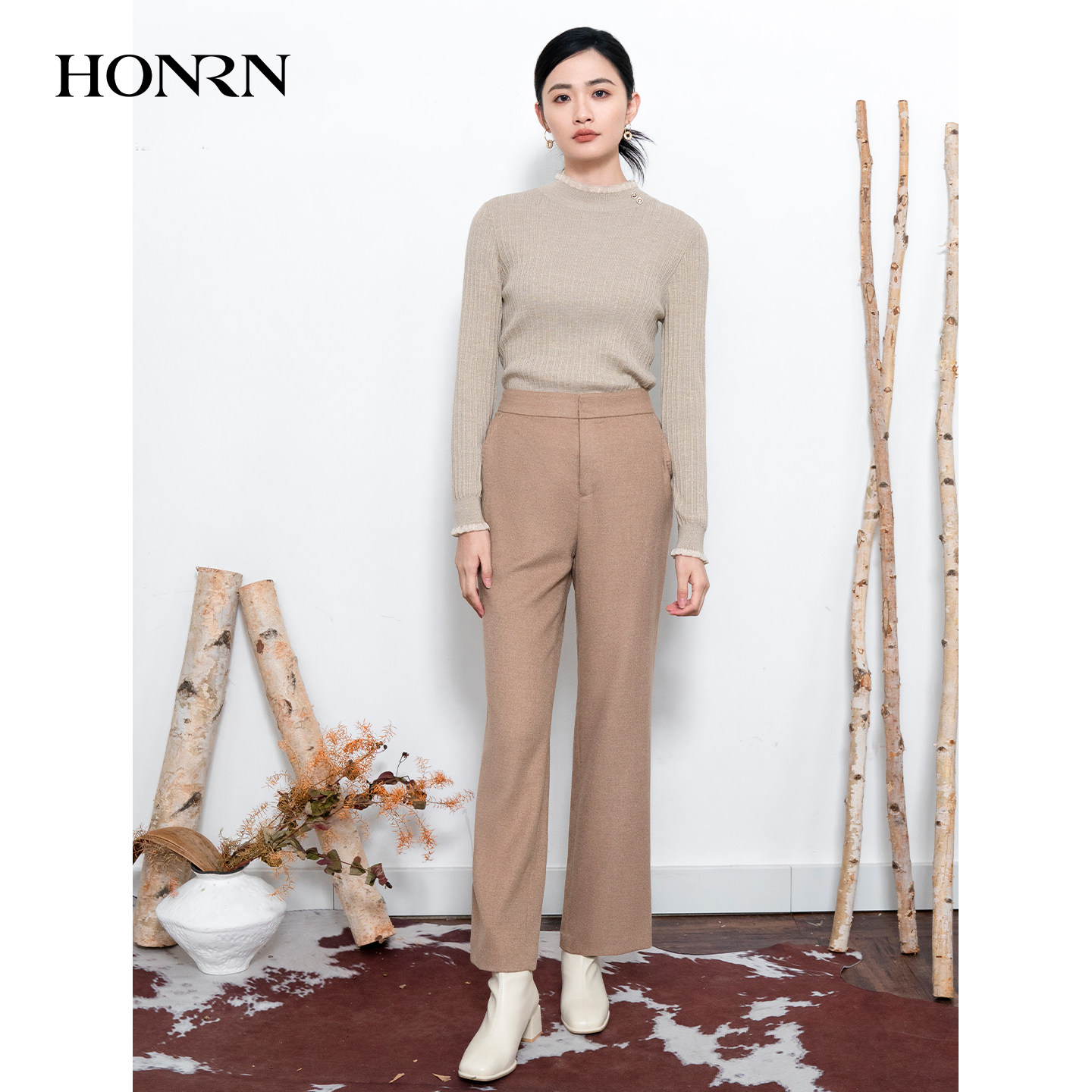 HONRN/红人宽松桑蚕丝骆驼绒毛呢直筒阔腿休闲裤女秋冬HI55OK504,淘宝优惠券,粉丝福利购,淘宝优惠卷