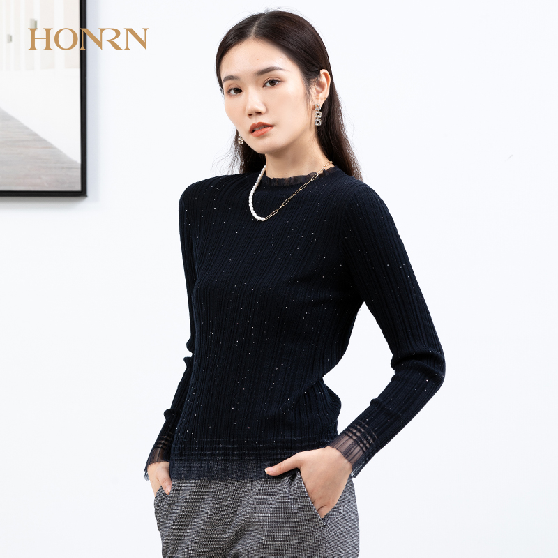 HONRN/红人长袖圆领亮片纱套头羊毛毛衣打底针织衫上衣女春秋款 - 图0