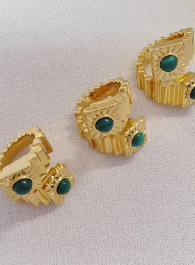 西班牙小众Paola kabala夸张方形螺旋祖母绿孔雀石开口戒指指环