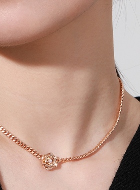 小众设计古巴链法式复古山茶花珍珠项链女 个性时尚锁骨链