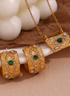 欧美INS古埃及恶魔之眼浮雕肌理纹锁骨链项链孔雀石吊坠手镯戒指