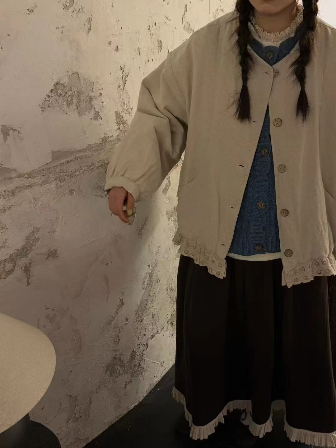 2025冬季新款韩版圆领麻料镂空花边棉服外套