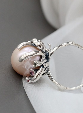 纯银戒指天然珍珠花瓣夸张时尚