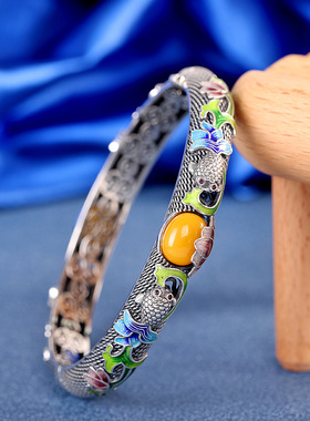 做旧纯银手镯天然蜜蜡文艺