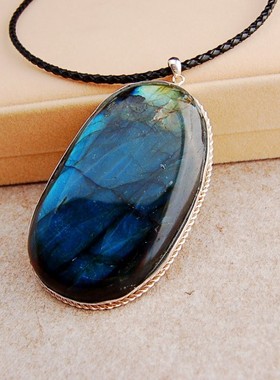 纯银复古天然拉长石女士吊坠