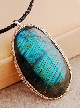 纯银复古手工拉长石高档女士吊坠